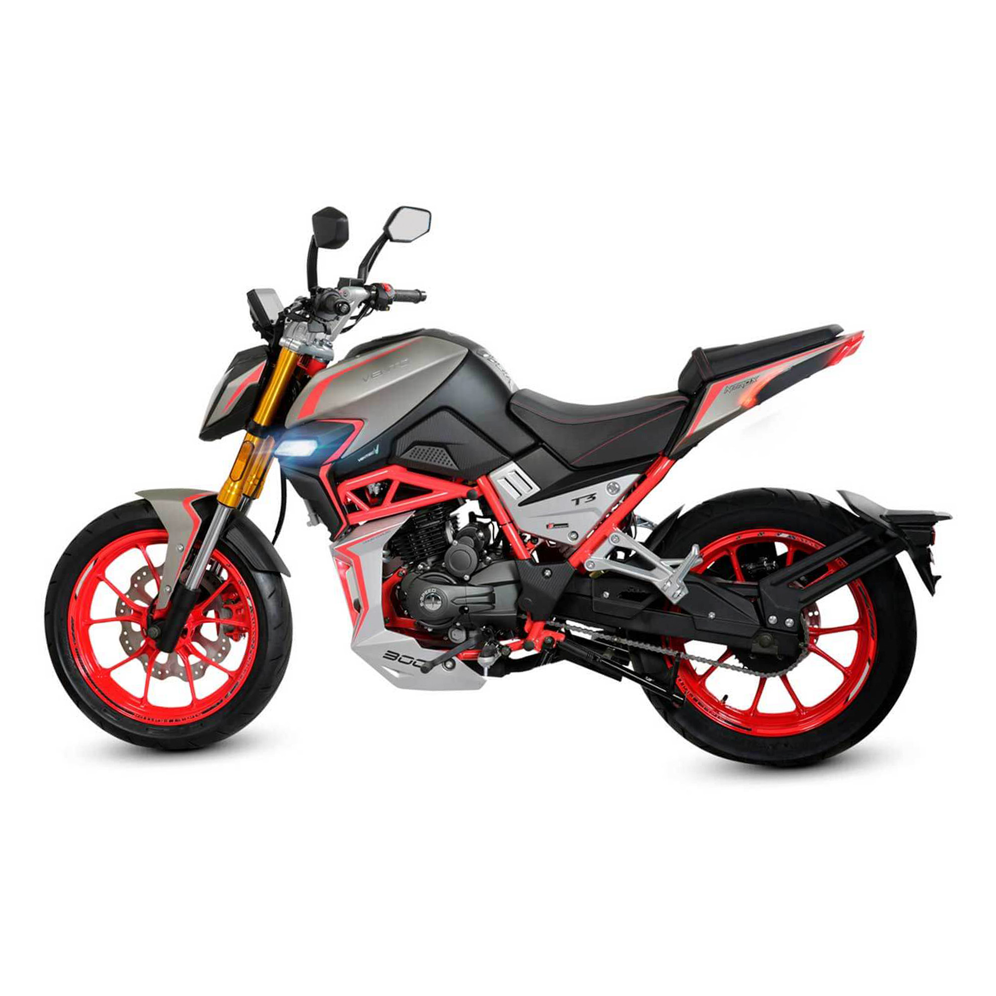 Motometa Detalles Motocicleta Vento Nitrox T3 300 cc Gris mate Rojo 2025